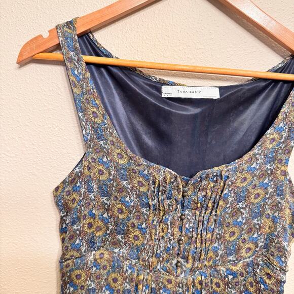 Zara Basic Floral Midi Dress M Sleeveless Boho Ruched Bodice Peasant Cottagecore - Picture 3 of 10
